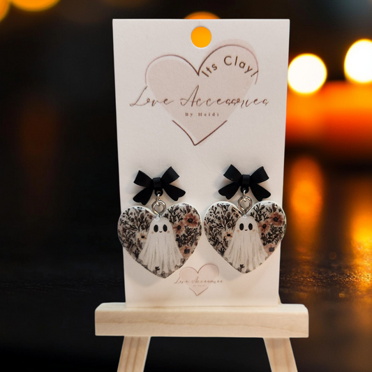 Heart Shaped Black Bow Ghost Dangles