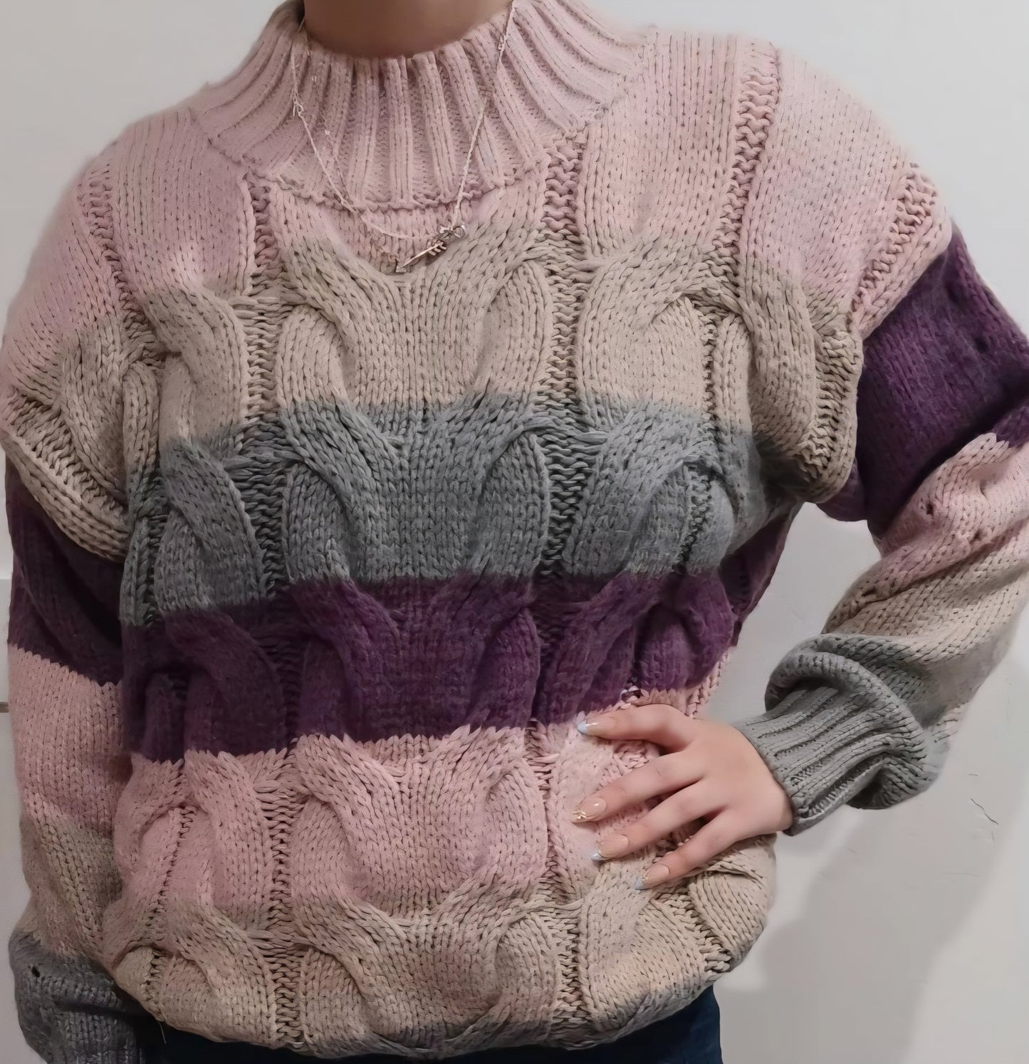 Mauve Multi-color stripe cable knit sweater