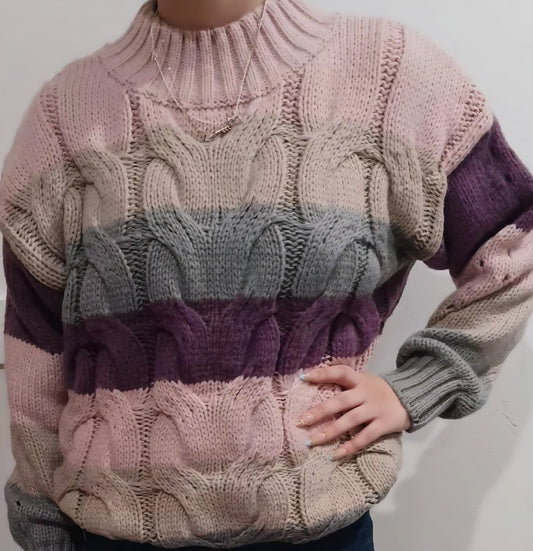 Mauve Multi-color stripe cable knit sweater