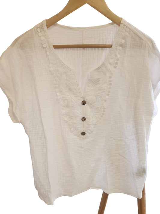 White semi sheer embroidery V-neck style short Tee