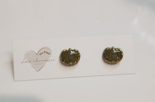 Round pumpkin w/gold foil stud earrings in Olive Green