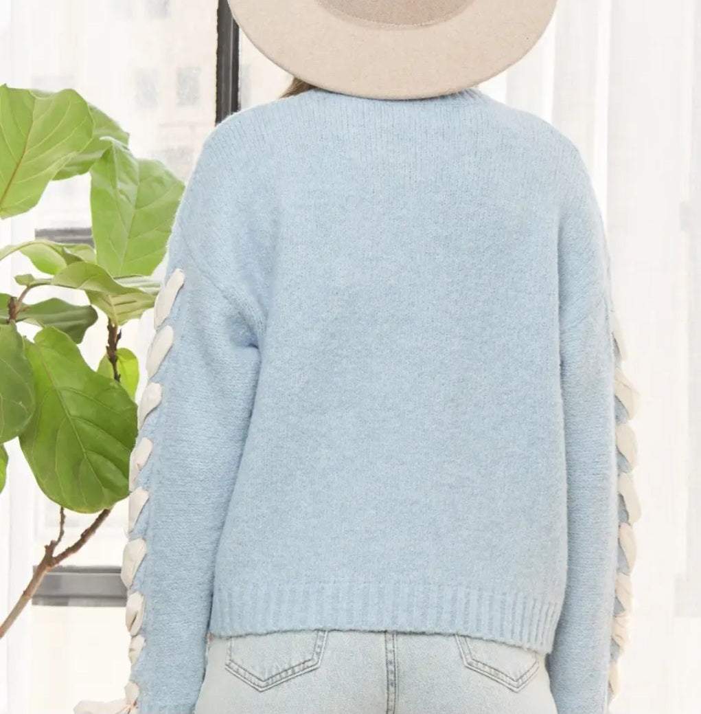 Ribbon Long Sleeve Knit Sweater in Soft Blue