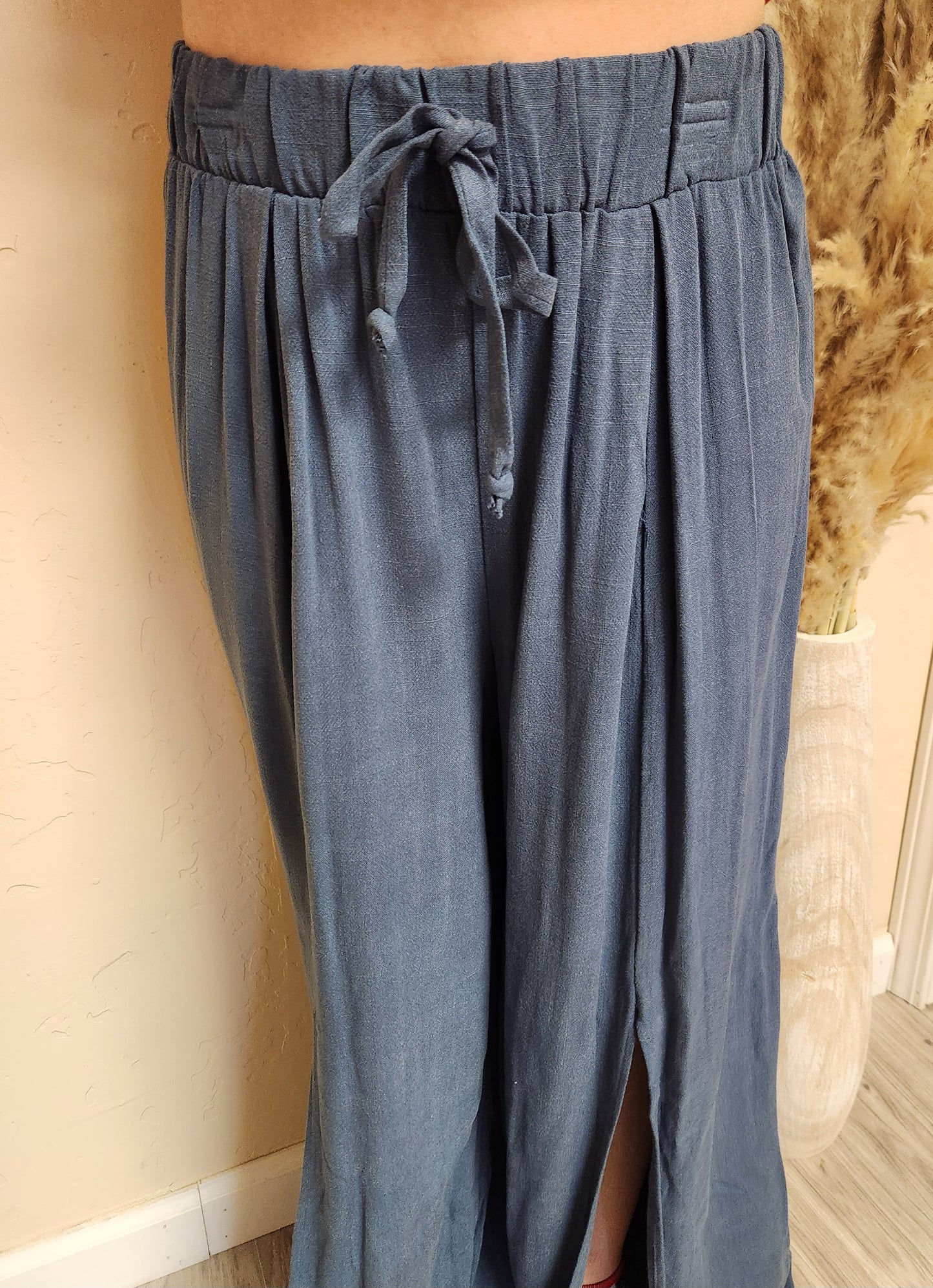 Lounge pants w/knee high front slit in stone blue.