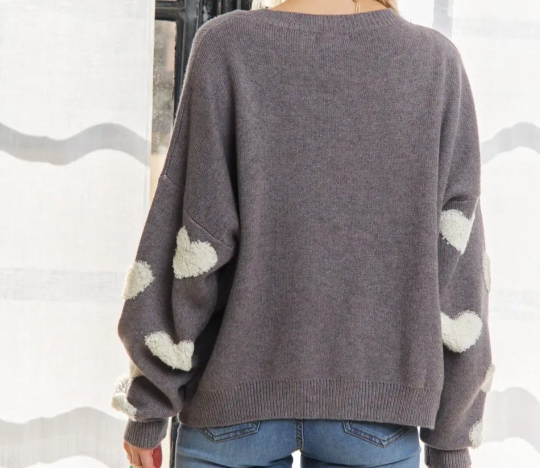 Fluffy Heart Comfy Sweater In Grey/wht