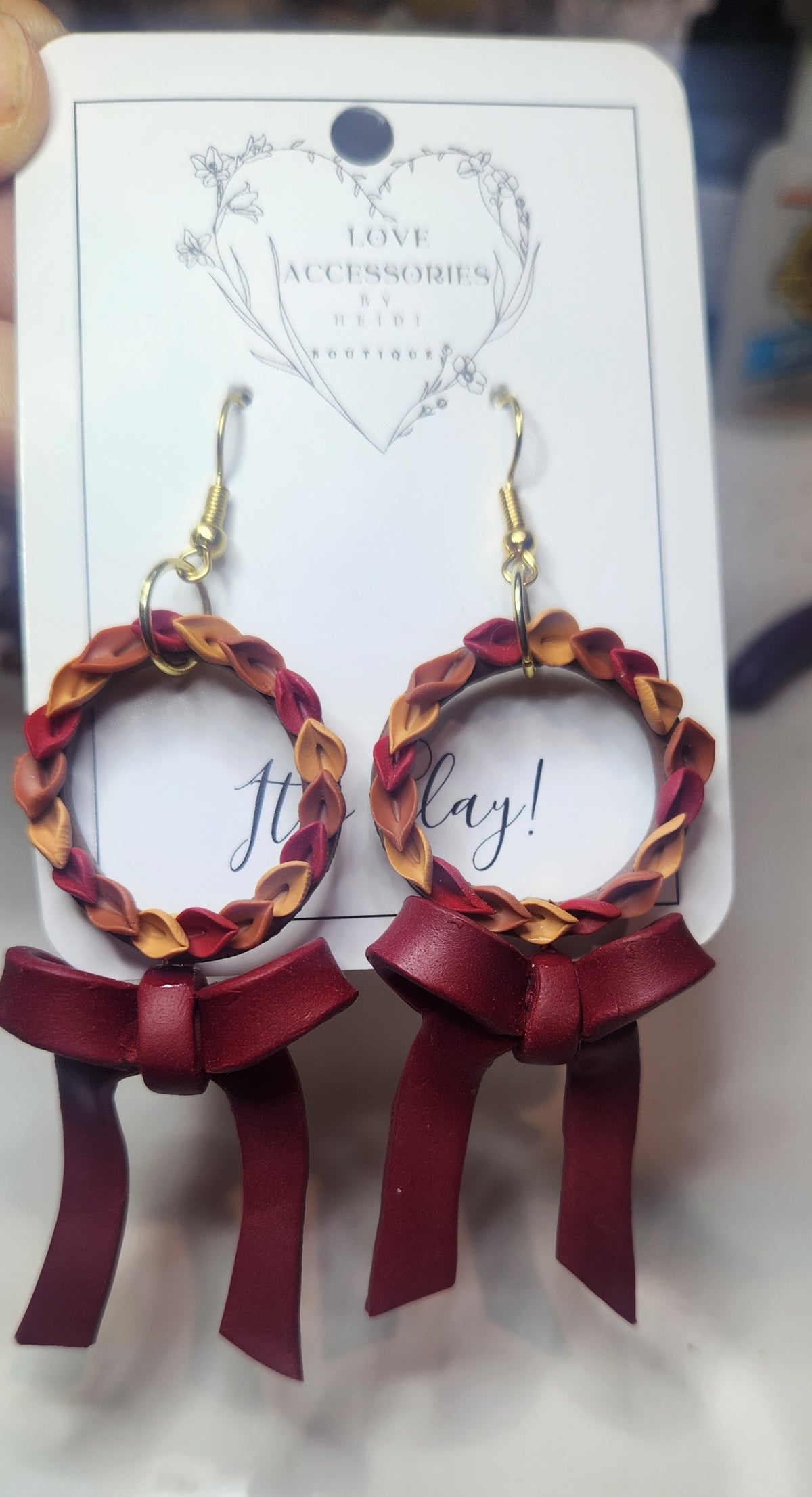 Fall Leaf Wreath with Bows Clay Earrings