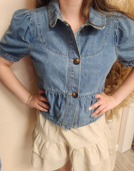 Puffed sleeve button down denim top