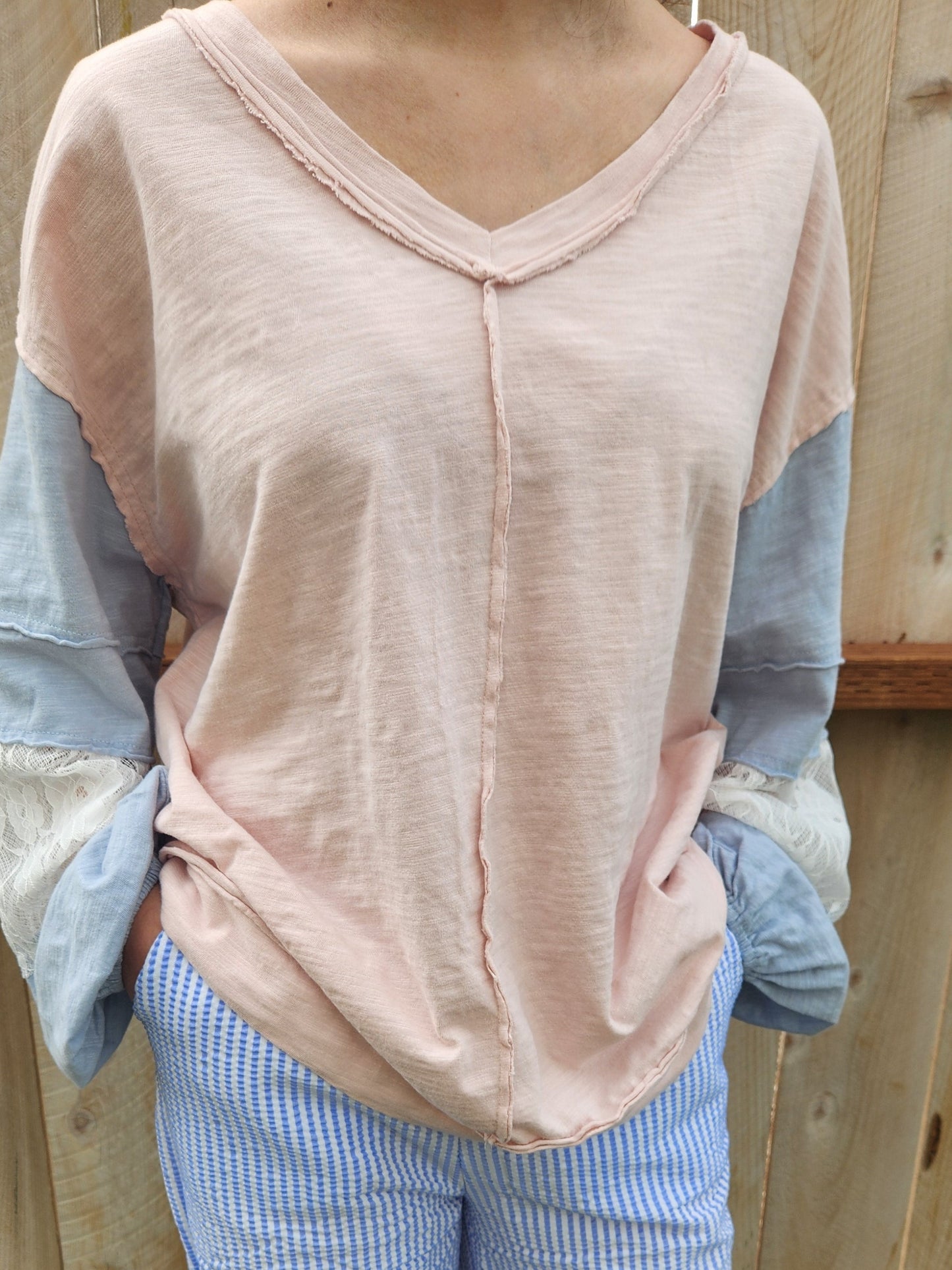 Blue/Pink Patchwork loose fit long sleeve top