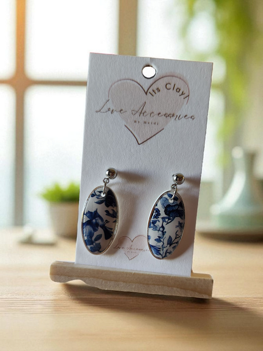 Blue Porcelain pattern collection oval Dangle Earrings