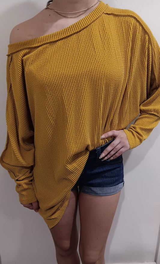 Wavy ribbed long sleeve loose fit top in Mustard color