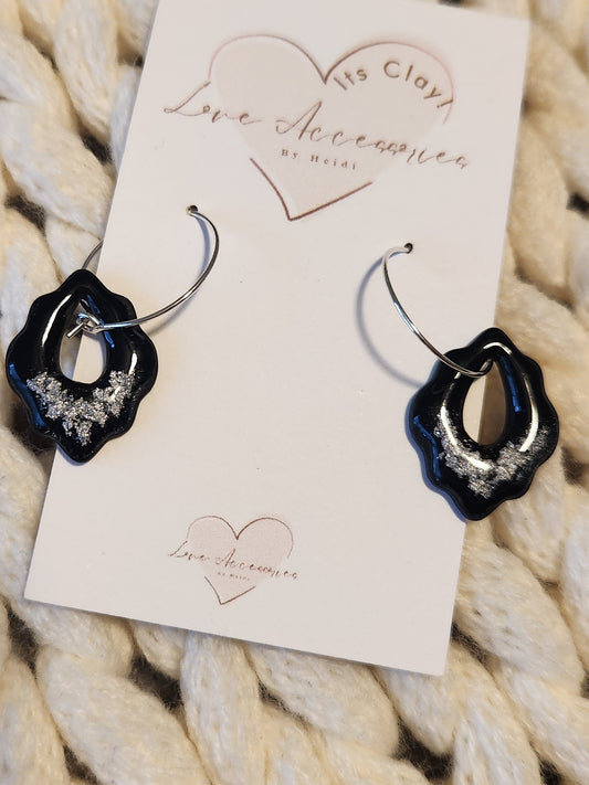 Black and Silver scalloped shaped silver hoop earrings