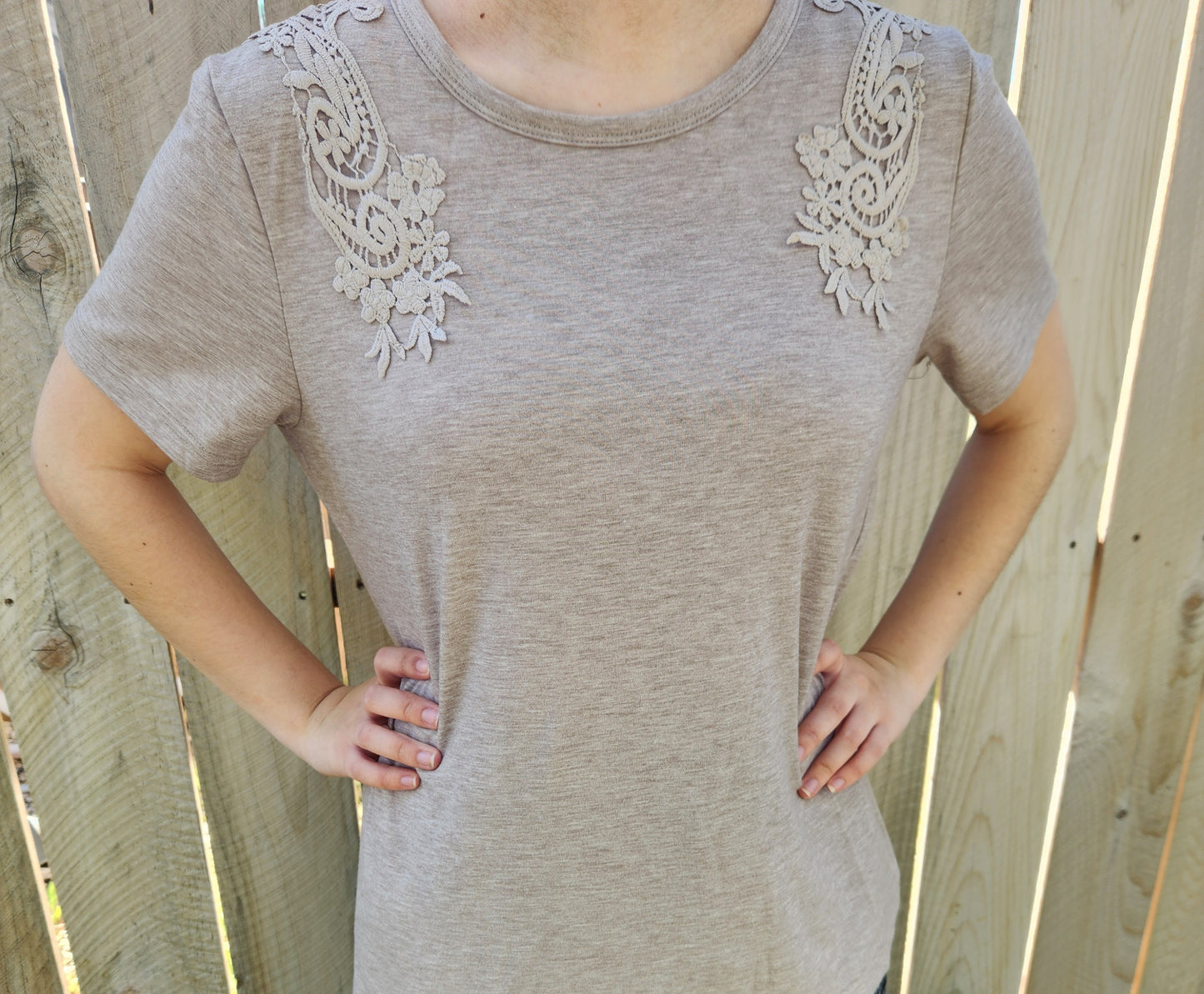 Smoke Gray Solid Color Lace Patched Round Neck Tee