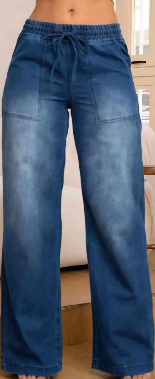 Womens Loose Fit Wide Leg Stretch Denim