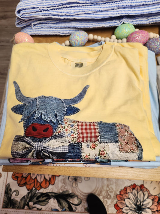 Butter Yellow Patchwork Highland Cow Boxy tee