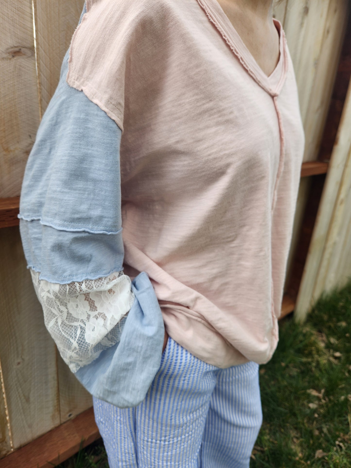 Blue/Pink Patchwork loose fit long sleeve top
