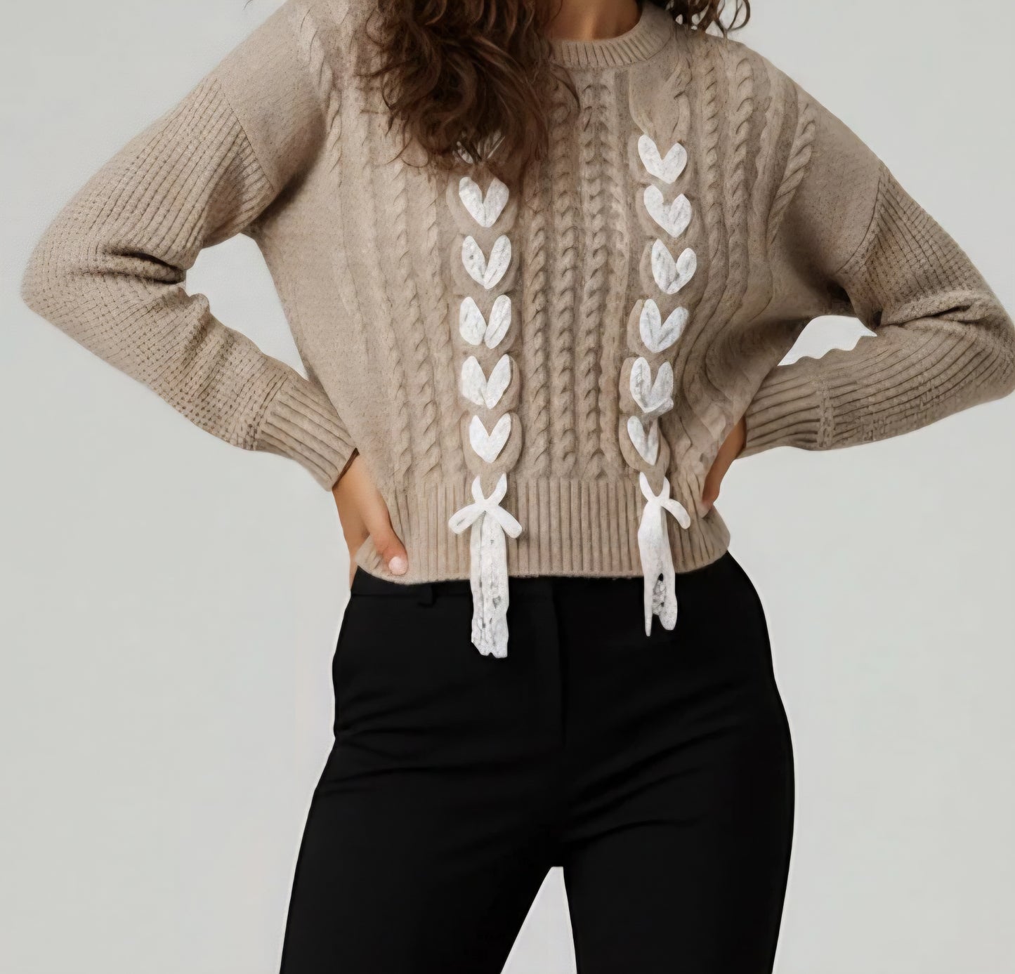 Crop Cable Knit Round Neck Lace Bow Sweater in Taupe. (Curvy)