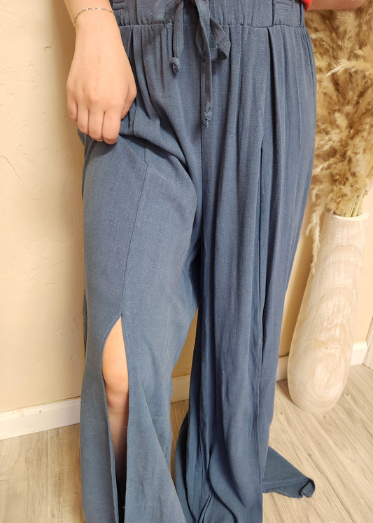 Lounge pants w/knee high front slit in stone blue.