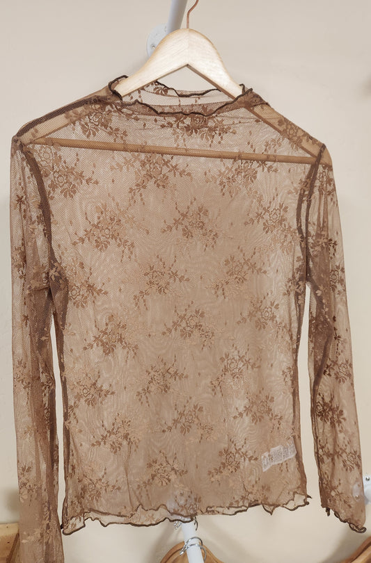 High Neck Lace Sheer Blouse Long Sleeve