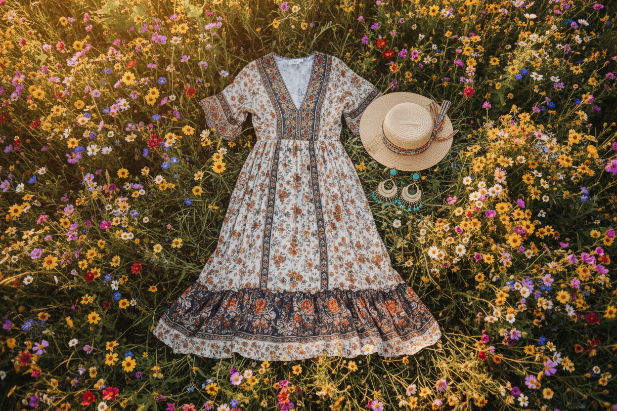 a pretty boho dress and a summer hat with earrings laying on a field of wild flowers

